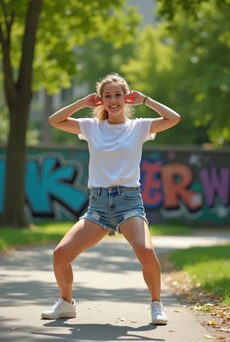 Show me lovely a German female teenager wearing white T-shirt tucked deeply into short jean She is doing squat-stands while holding ears for punishment