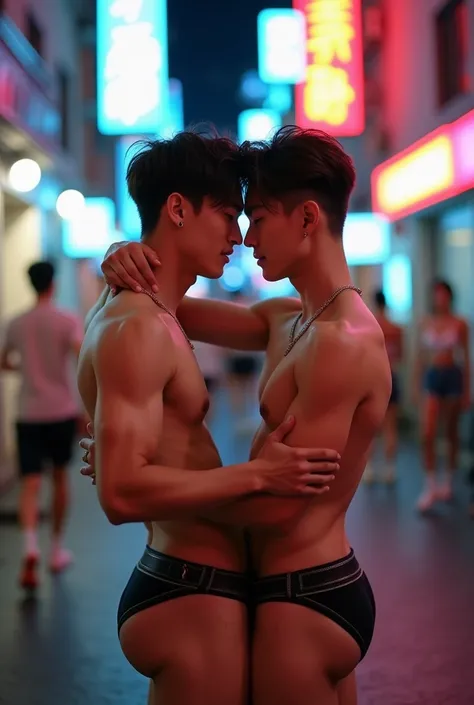 Two boys, korean, Male focus, handsome, idol, K-pop, embrace, in the street, bang, muscle，sexy, thong underwear, abs, topless, city