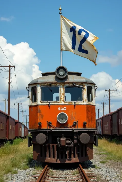 Old orange and white train with a white flag with the number 12 in blue. 