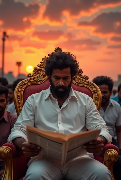 A man with dark hair and beard and wearing white shirt full sleeve sitting on king golden chair reading news paper tamilnadu men crowd in  a dramatic sky with clouds and a cityscape in the background evening reddish sunset

