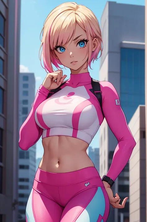 Create an image of Gwenpool from Marvel, depicted as a cute girl with short blonde hair featuring pink highlights. She has striking blue eyes that are perfectly detailed, radiating confidence and playfulness. Her outfit consists of a tight crop top that fl...