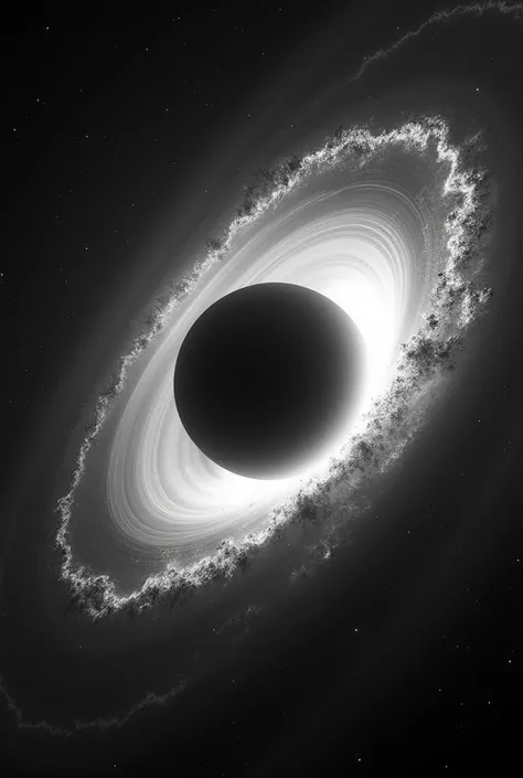 Coloring drawing of a distant view of a black hole and accretion disk similar to the one in the movie Interstellar, black and white. 