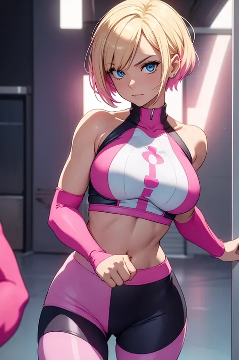 Create an image of Gwenpool from Marvel, depicted as a cute girl with short blonde hair featuring pink highlights. She has striking blue eyes that are perfectly detailed, radiating confidence and playfulness. Her outfit consists of a tight crop top that fl...