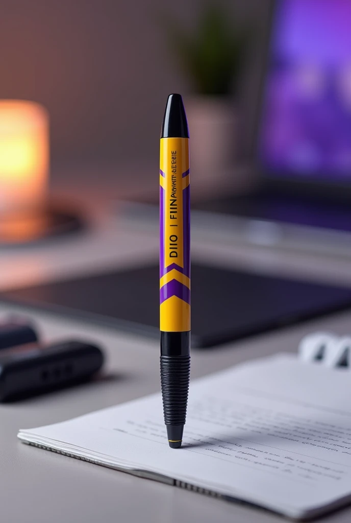 Design a purple,yellow and black  pen with "DIFO FINANCE " written on it.