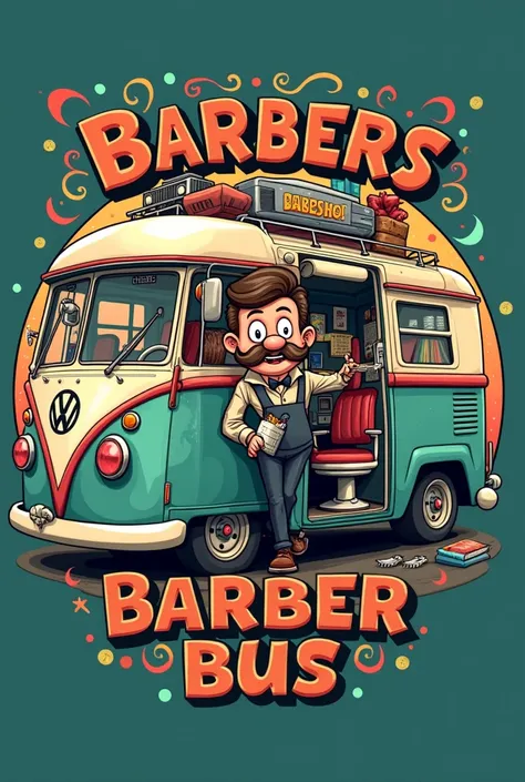 A logo for a barbershop in a bus