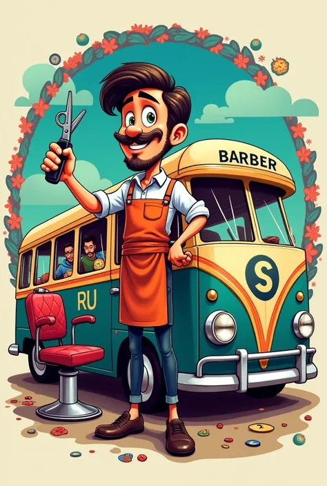 A logo for a barbershop in a bus