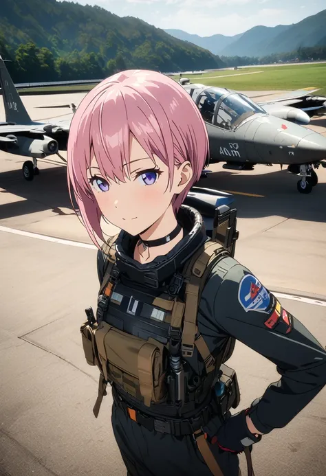 (Highest quality, 4K, 8k, High resolution, masterpiece:1.2), Very detailed, Picturesque, Anime style photo, Photo Anime:1.37)、Japanese、(Pink hair)、(pixie cut)、Air Base、Black choker、camouflage fighter pilot suit、Standing next to the Parked AH-11、Panoramic v...