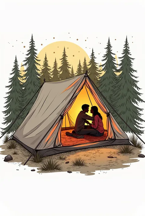 A camping tent set up at a campsite,Silhouettes of a man and woman hugging are reflected in the tent.,Realistic photos,