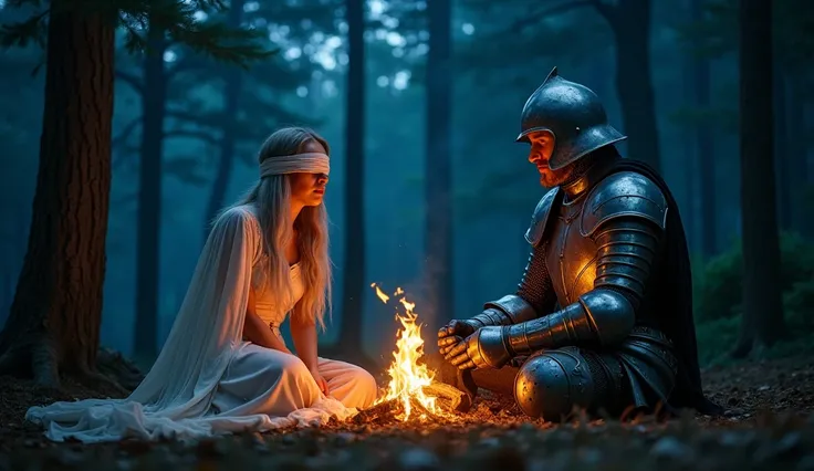 Draw a picture of two people:a blindfolded in your eyes woman and a 
men knight helmet, sitting by a fire at night in a forest. fantasy, middle-earth, draw,