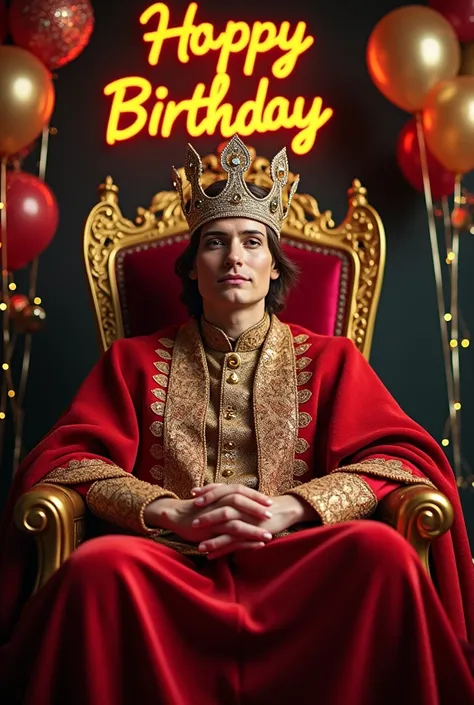 Sitting on a king chair with crown and happy birthday in back ground