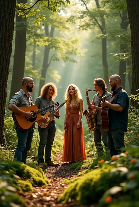 Un groupe de musique avec 2 guitaristes sur les côté, un chauve et lautre avec des cheveux longs. Il y a un saxophoniste blond et un contrebassiste chauve. Une chanteuse est au millieu, elle est blonde et très belle. Ils sont tous dans la forêt.