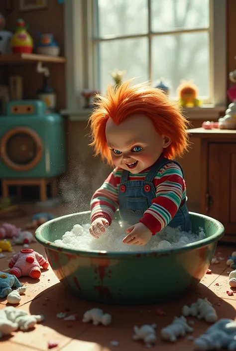 Create image of chucky washing baby clothes by hand 