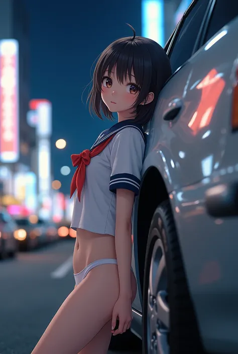 Pee、software, (Close-up of crotch to face) Extremelydetailed (High school girl leaning against a car) Spread your knees, Perfect Face, wonderful(Small Crown), detailed(Delicate clothing texture) Sailor Uniform with red Ribbon (((White panties))), A perfect...