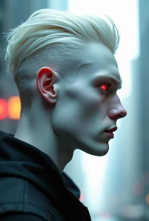 Profile of a forward-thinking albino with pale skin, Platinum white hair, Red eyes, beautiful  face, I want a man&#39;s profile