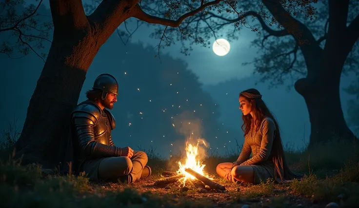 Draw a picture of two people:a blindfolded in your eyes woman and a 
men knight helmet, sitting by a fire at night in a forest. fantasy, middle-earth, draw,