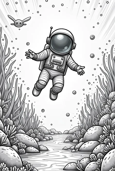 Astronaut coloring page in a water-filled planet, low-angle view, black and white 