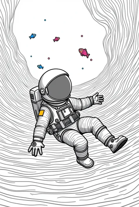 Astronaut coloring page in a water-filled planet, low-angle view, black and white 