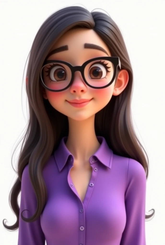 a one woman,Caucasian skin,shy smile,wearing small glasses,long dark brown hair, wearing a purple blouse,white background,Pixar-style, ..3d, Cartoon s, face detailed, asymmetric 16k