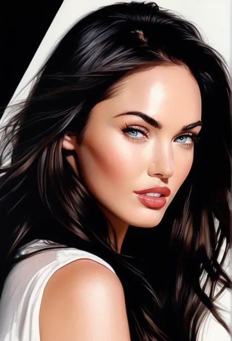 (meganfox)drawing of the face of a 35 year old woman,long hair,dark haired,white satin shirt with biggest busty