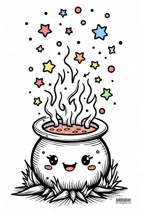 Cute and kawaii halloween magical potion spilling into a cauldron on fire coloring Page, simple for toddlers, bold and easy, black bold lines White background, for a coloring book black and white, líne art, only outlines, but the design is simple and bold,...