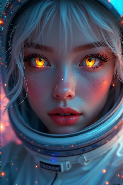 (Close-up of a better masterpiece:1.5)0.9], (Space and astronauts:1.2) (Messy silver hair:1.1) (Heterochromia xanthochromia and blue eyes:1.2) (Space Helmet:1.0) (Colored stars in the eyes:1.0) (A radiant glow:1.1) (thick lips:0.9)