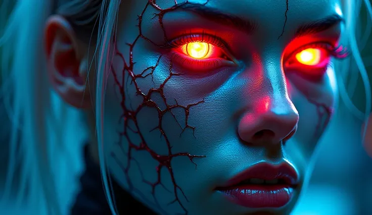 "A close-up of a cyberpunk-inspired face, combining human and mechanical elements. The skin is cracked and metallic, with neon lights glowing through the cracks. One eye is a glowing cybernetic implant, while the other retains a menacing human glare. The h...