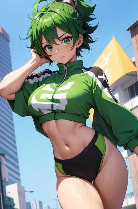 Create an image of a gender-swapped version of Izuku Midoriya, depicted as a beautiful and cute girl. She has short, vibrant green hair, styled in a way that perfectly frames her face, with her hands playfully running through her hair, adding a touch of ca...