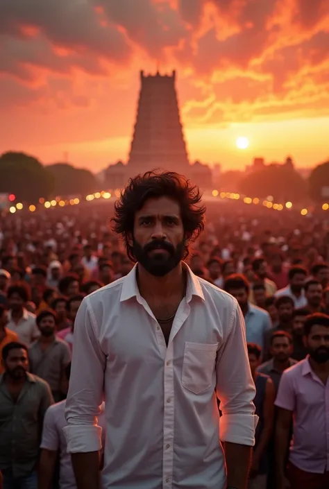 A man with dark hair and beard and wearing white shirt full sleeve standing in front large large crowd of men crowd in  a dramatic sky with clouds and a cityscape in the background temples of thanjavur evening reddish sunset side view 

