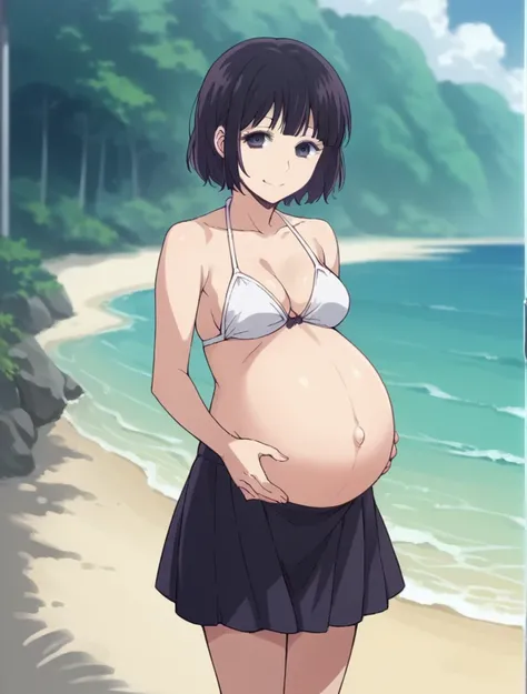 score_9, score_8_up, score_7_up, source_anime,
hanabiyasuraoka, hanabi yasuraoka, short hair, black hair, black eyes,
Bikini, skirt, Heels, big belly, Beach, background, rubing belly, smile,
looking at viewer, cowboy shot, solo, pregnant, possing