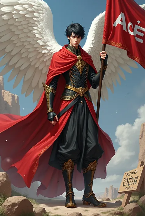 ((best quality)), ((masterpiece)), (detailed), perfect face. Create an epic piece of art featuring an angel of justice that embodies the essence of a god of war and victory. He has short black hair amd looks into the camera. He stands gracefully with a wav...