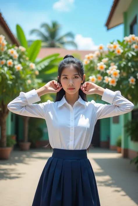 A lovely Thai female high-school student wearing Thai high-school uniform She is doing squat-stands while holding ears for punishment