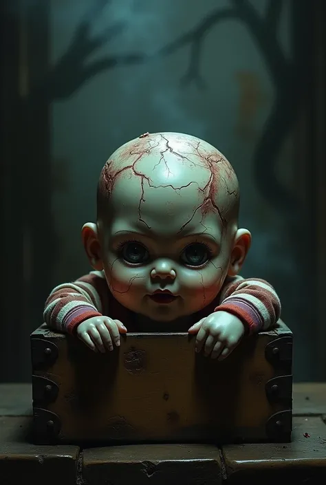 creepy doll head in a box centered facing front realistic with bandages in the background
