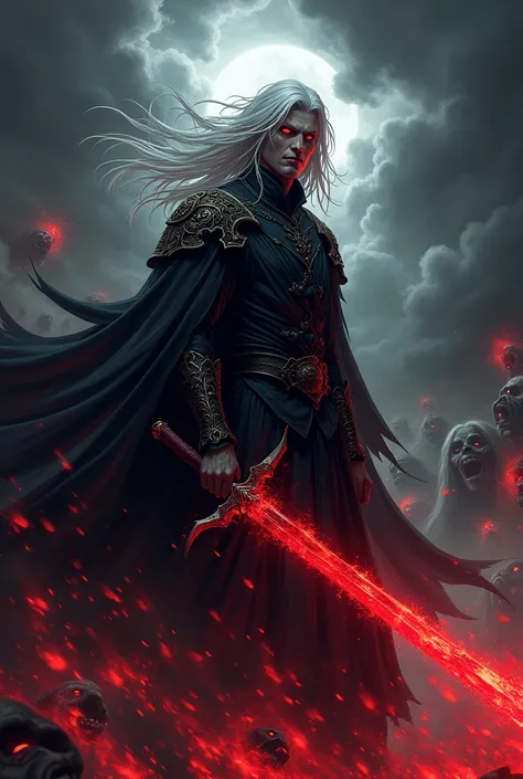 Make a man with white hair and red eyes with a serious expression, Clad in black robes, exuding a terrifying aura, an aura that seemed to have grotesque faces on it screaming in agony. He pointed his sword wreathed in red energy.
anime styling