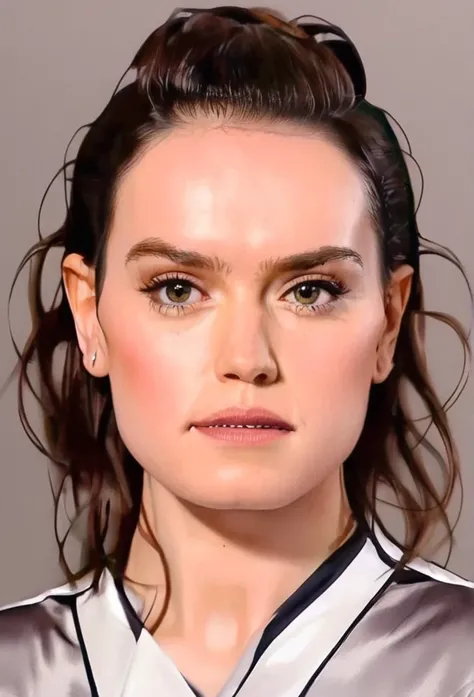 (Daisy Ridley)drawing of the face of a 35 year old woman,long hair,dark haired,white satin shirt With Biggest busty 