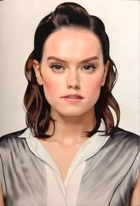 (Daisy Ridley)drawing of the face of a 35 year old woman,long hair,dark haired,white satin shirt With Biggest busty 