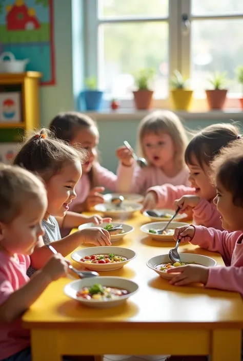 Nursary students eat soup of various beans 