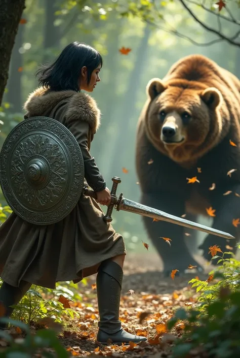 Elfa warrior with short black hair
Wearing a kite shield and a sword
Fighting a brown bear