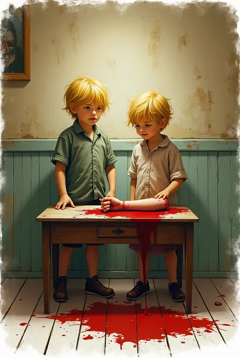 Two french kids yellow hair in lounge area cut a human hand of other person  on table and blood on floor vintage illustration retro colours poster concept creepy image white background.