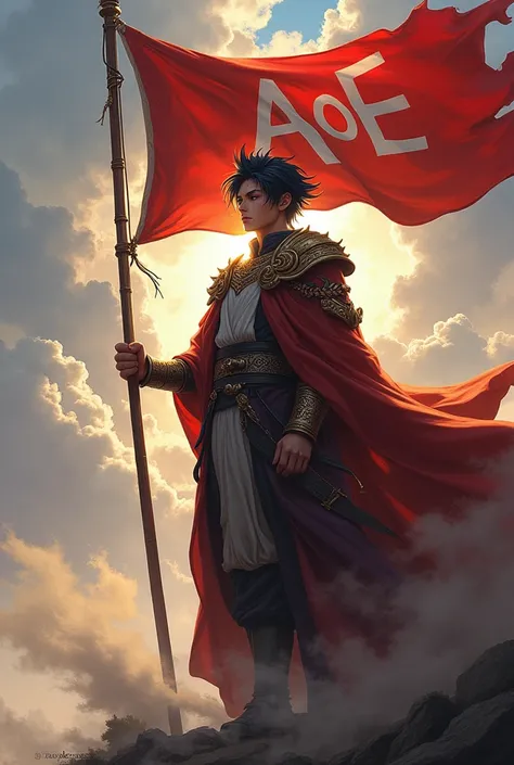 ((best quality)), ((masterpiece)), (detailed), perfect face. Create an epic piece of art featuring an angel of justice with short black hair that embodies the essence of a god of war and victory. He stands gracefully with a waving flag in his right hand wi...