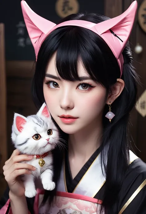 Monster Girl, Cat ear,20th Generation, fortune teller,Realistic Women, Black Hair,cute,ピンク色のcute部屋にいる