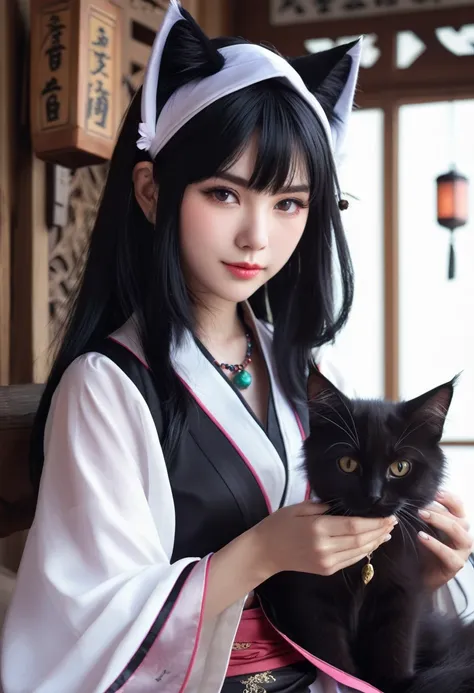 Monster Girl, Cat ear,20th Generation, fortune teller,Realistic Women, Black Hair,cute,ピンク色のcute部屋にいる