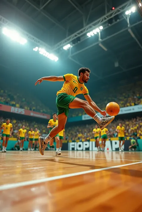 Create a Brazilian handball player throwing the ball into the opponents goal while falling