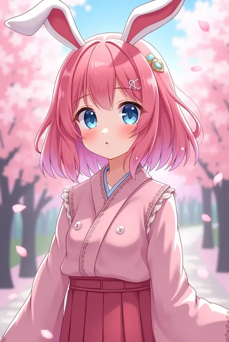 Anime girl kawaii with pink hair blue eyes bunny ears and pink japanese uniform