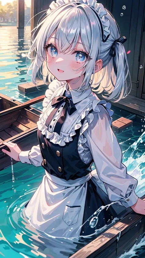 (8k, Highest quality, masterpiece: 1.2),Ultra-high resolution, 1 person, solo, Color changing eyes, Ultra-detailed, Expressive eyes, Highly detailed face, Maid clothes, Random Hairstyles、Silver gay hair, Rowboat、lake、sunlight, clavicle, Ecstatic expression...