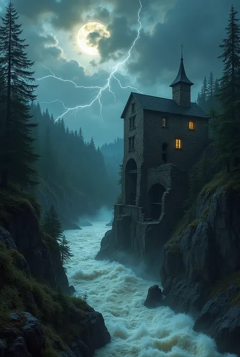 Wide view of an abandoned mill on a cliff edge above a turbulent river. The mill is partially ruined with broken wheels and collapsed walls. Dark, dense forest surrounds the mill with a faint mist. Stormy sky with lightning and dramatic shadows. Ghostly mo...