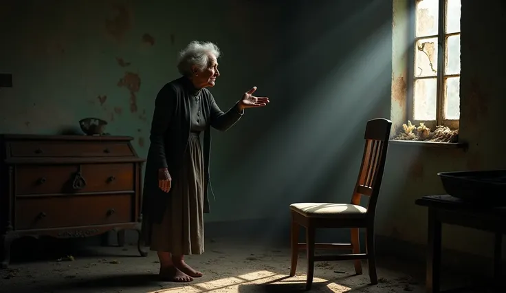 Inside the house, the old woman gestures toward a dusty wooden chair, inviting Shyam to sit. The room is dark, with only a faint light filtering through a cracked window, and old furniture covered in cobwebs.