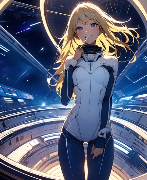 (masterpiece, Highest quality:1.2), (Cowboy Shot:1.1), alone, 1 person, mori yuki, smile, Mouth closed, Side view, Looking at the audience, Blonde, Long Hair, Thigh Gap, Navy blue bodysuit, Perfect for your skin, Perfect body, Large windows, (Spaceship por...