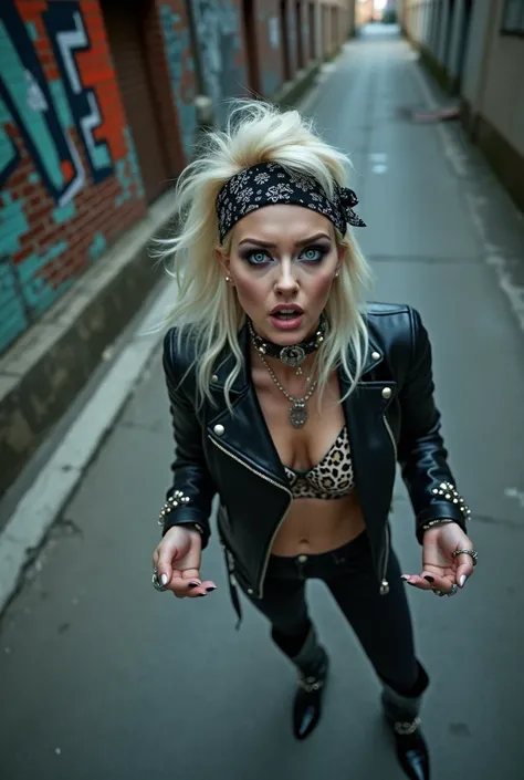 russian woman, platinum blonde hair with black parsley bandana, with very light blue eyes, pale, heavy eye shadows. Smeared make up. Wearing black moto jacket, leopard print bra, black skinny jeans and black snakeskin cowboy boots . Lots of metallic bracel...