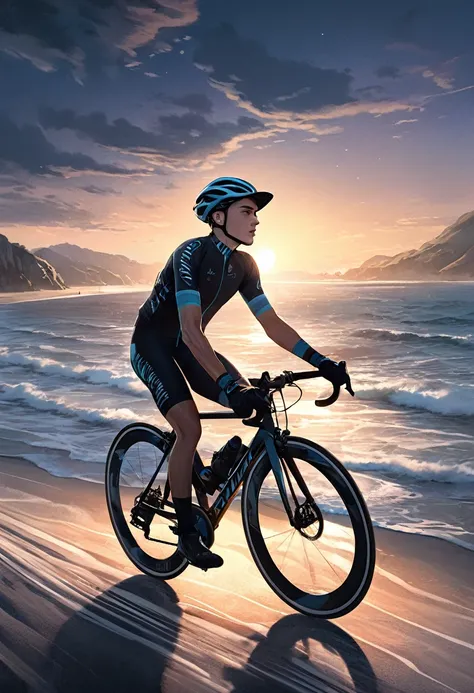 
                     ( Correct and perfect anatomy ) A stylish boy wearing a hat rides a bicycle (close up)  (Well-fitting cycling clothing),(Gloves)  on a beautiful coastline. Cycling, high dynamic, wind, speed lines, exquisite, detailed, perfect.


    ...