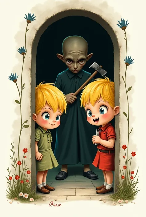  french kids yellow hair stand inside the home door and Alain with axe stand outside of home door . Both are seeing each other  vintage illustration retro colours poster concept creepy image white background.